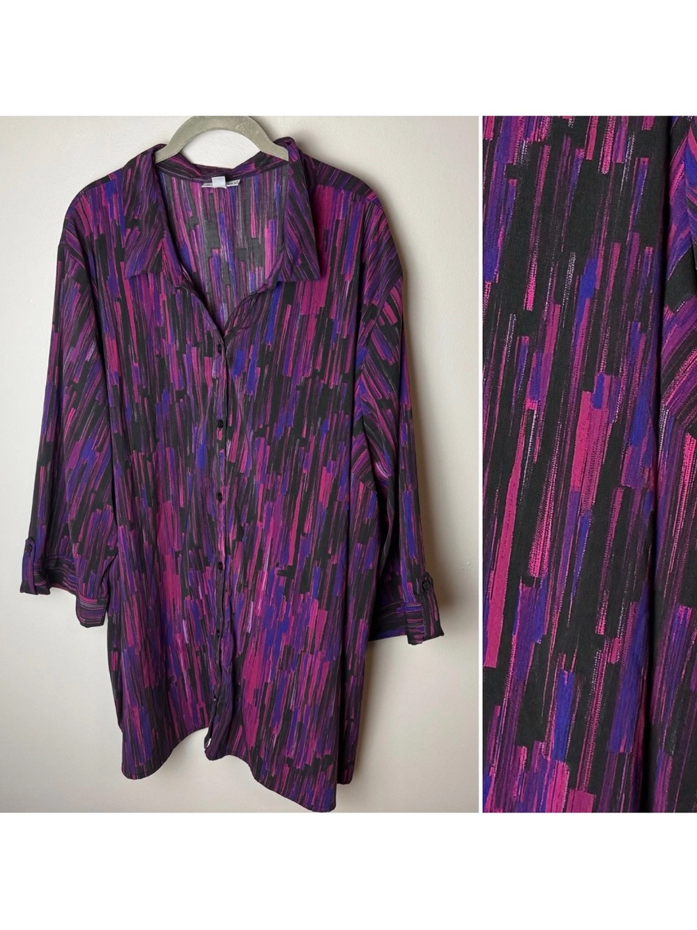 Catherines Tunic Top Plus Size 4X Shirt Blouse 3/4 Roll-Tab Sleeves Purple Black
